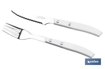 Pack de 3 cuchillos + 3 tenedores Chuleteros | Modelo Vittorio | Color Blanco | Hoja de Acero Inox. | Hoja de 110 mm - Cofan