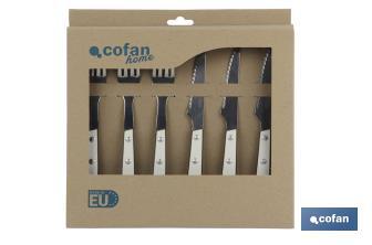 Pack de 3 cuchillos + 3 tenedores Chuleteros | Modelo Thyme | Color Blanco | Hoja de Acero Inox | Hoja de 110 mm - Cofan