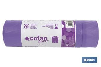 Sacos do lixo perfumados com autofecho na cor violeta | Medidas: 57 x 57 cm e calibre de 90 - Cofan