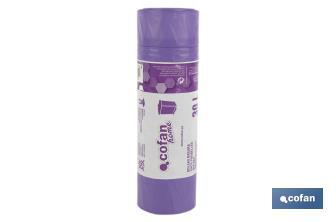 Sacos do lixo perfumados com autofecho na cor violeta | Medidas: 57 x 57 cm e calibre de 90 - Cofan