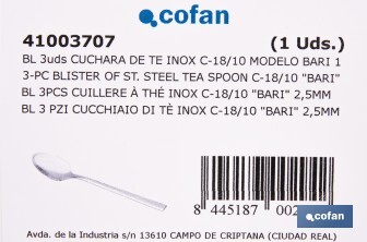 Colher de chá | Modelo Bari I Fabricado em Aço inox 18/10 I Blíster de 3 unidades ou Pack - Cofan