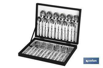 Cubertería | Modelo Bari | Fabricado en Acero Inox. 18/10 | Juego de 24 pcs. | Incluye estuche negro de madera - Cofan