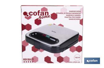 Sandwichera | Revestimiento antiadherente | Compartimentos para 2 sándwiches | Potencia: 750 W | Medidas: 23,7 x 23,3 x 9 cm - Cofan