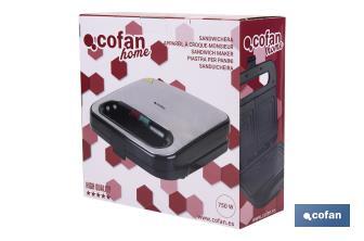 Sandwichera | Revestimiento antiadherente | Compartimentos para 2 sándwiches | Potencia: 750 W | Medidas: 23,7 x 23,3 x 9 cm - Cofan
