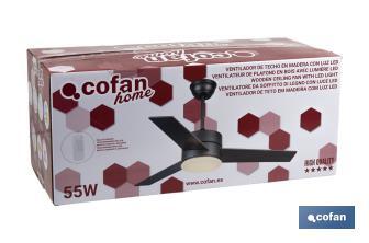 Ventilador de techo en madera con 3 aspas y luz led | Motor DC (bajo consumo) y potencia de 55 W - Cofan