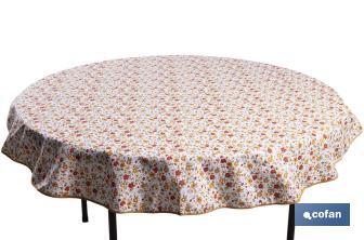 Mantel redondo antimanchas resinado con estampado de florecillas | Materiales: 50% algodón y 50% poliéster | Diámetro: 1,40 m - Cofan