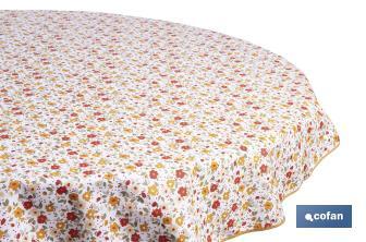Mantel redondo antimanchas resinado con estampado de florecillas | Materiales: 50% algodón y 50% poliéster | Diámetro: 1,40 m - Cofan