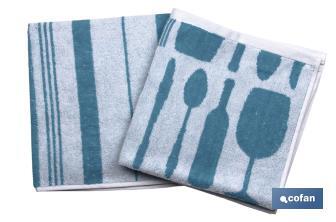 Pack of 2 Tea Towels | Size: 50 x 50cm | Blue with Print - Cofan