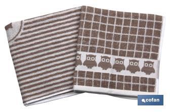 Pack of 2 Tea Towels | Size: 50 x 50cm | Brown with Print - Cofan