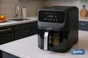 Freidora de Aire Digital de 5 Litros | Ventana de visualización con luz + pantalla táctil en color + rejilla para tostar pan | Bajo Consumo 1500W | 8 Programas - Cofan