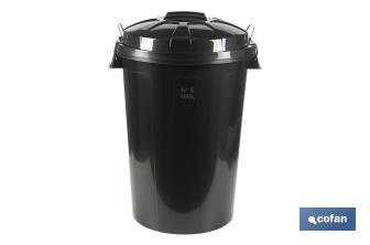 Cubo de basura con tapa y asas metálicas | Capacidad: 100 litros | Material: polipropileno | Color: negro - Cofan