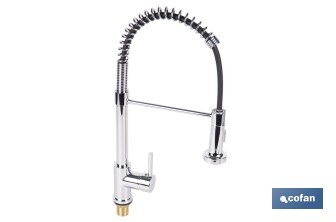 Grifo de cocina monomando con rociador | Caño giratorio 360° | Cuerpo de latón | Medidas: ø5 x 48 x 22 cm | Disponible en acabado cromado - Cofan