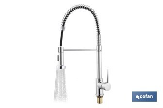 Grifo de cocina monomando con rociador | Caño giratorio 360° | Cuerpo de latón | Medidas: ø5 x 48 x 22 cm | Disponible en acabado cromado - Cofan