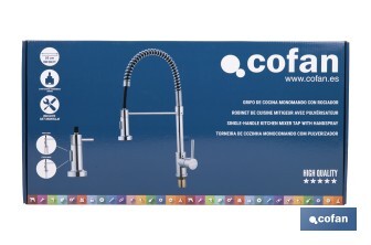 Grifo de cocina monomando con rociador | Caño giratorio 360° | Cuerpo de latón | Medidas: ø5 x 48 x 22 cm | Disponible en acabado cromado - Cofan