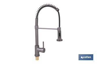 Grifo de cocina monomando con rociador | Caño giratorio 360° | Cuerpo de latón | Medidas: ø5 x 48 x 22 cm | Disponible en gris antracita metalizado - Cofan