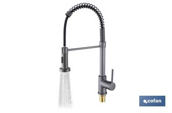 Grifo de cocina monomando con rociador | Caño giratorio 360° | Cuerpo de latón | Medidas: ø5 x 48 x 22 cm | Disponible en gris antracita metalizado - Cofan
