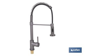 Grifo de cocina monomando con rociador | Caño giratorio 360° | Cuerpo de latón | Medidas: ø5 x 48 x 22 cm | Disponible en gris antracita metalizado - Cofan