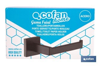 Portarrollos negro mate | Material: acero inoxidable | Diseño cuadrado | Kit de fijación incluido | Medidas: 16 x 8 x 5,5 cm - Cofan