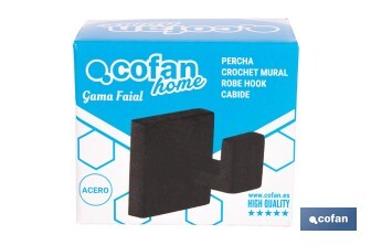 Percha negra mate | Material: acero inoxidable | Diseño cuadrado | Kit de fijación incluido | Medidas: 5,5 x 6 x 5,5 cm - Cofan