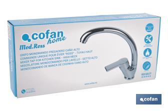 Single-handle sink tap | High C-shaped spout | Ross Model | Brass | Size: 23 x 25 x 4cm - Cofan