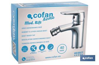 Bidet Mixer Tap | Single-Handle Tap | Size: 40mm | Rift Model | Brass with Chrome-Plated Finish and Zinc Alloy Handle - Cofan