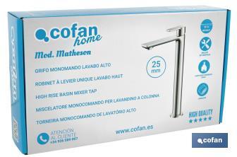 Miscelatore per lavabo alto | Monocomando | Dimensioni: 25 mm | Modello Matheson | Realizzato in ottone con rifiniture cromate - Cofan