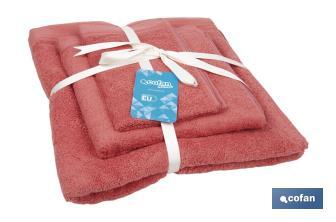 Conjunto de 3 toalhas de cor coral com 580 g/m2 | Gama Jamaica | Conjunto de toalhas 100% algodão - Cofan