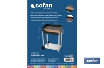 Barbacoa de carbón con ruedas | Parrilla regulable | Ladrillo refractario | Fácil de transportar y estable | Medidas: 56,7 x 36 x 83 cm - Cofan