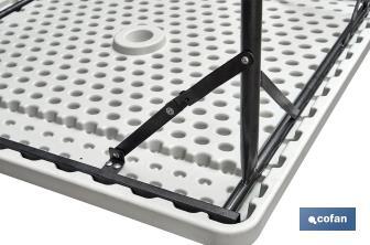 Mesa quadrada dobrável de cor branca | Peso máximo: 120 kg | Adequada para 6 pessoas | Dimensões aberta: 88 x 88 x 74 cm  - Cofan