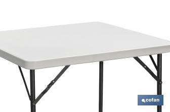 Mesa quadrada dobrável de cor branca | Peso máximo: 120 kg | Adequada para 6 pessoas | Dimensões aberta: 88 x 88 x 74 cm  - Cofan