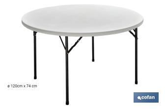 White folding round table | Maximum weight: 150kg | Suitable for 8 people | Open dimensions: Ø120 x 74cm  - Cofan