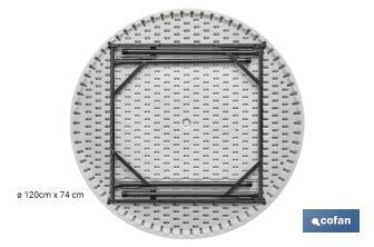 White folding round table | Maximum weight: 150kg | Suitable for 8 people | Open dimensions: Ø120 x 74cm  - Cofan