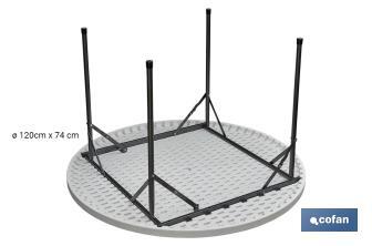 White folding round table | Maximum weight: 150kg | Suitable for 8 people | Open dimensions: Ø120 x 74cm  - Cofan