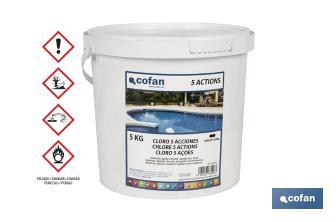 Cloro 5 Acciones para piscinas | Tabletas de 200 gramos | Envases de 5 kilos - Cofan