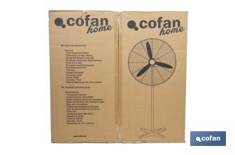 Ventilador industrial de pie con 3 velocidades en color negro | Potencia: 200 W | Gran caudal de aire | Oscilación 80° | Medidas: 81 x 81 x 189 cm - Cofan