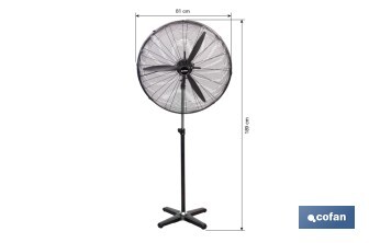 Ventilador industrial de pie con 3 velocidades en color negro | Potencia: 200 W | Gran caudal de aire | Oscilación 80° | Medidas: 81 x 81 x 189 cm - Cofan
