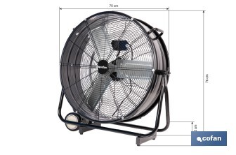 Ventilador industrial de suelo con 3 velocidades | Potencia: 250 W | Color: negro | Ángulo ajustable | Con ruedas y asa metálica | Medidas: 75 x 26 x 76 cm - Cofan
