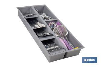Organizador de cubiertos con separadores para cajón | Cubertero con 7 compartimentos y separadores modulares | Color: gris | Material: polipropileno - Cofan