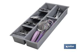 Organizador de cubiertos con separadores para cajón | Cubertero con 7 compartimentos y separadores modulares | Color: gris | Material: polipropileno - Cofan