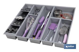 Organizador de cubiertos con separadores para cajón | Cubertero con 11 compartimentos y separadores modulares | Color: gris | Material: polipropileno - Cofan