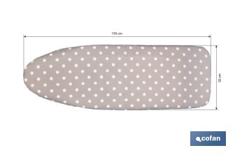 Funda acolchada para tabla de planchar | Tamaño universal | Estampado de lunares blancos y fondo gris | Material: 100 % algodón | Refleja el vapor | Medidas: 135 x 53 cm - Cofan