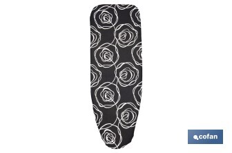 Funda acolchada para tabla de planchar | Tamaño universal con 3 capas | Estampado de rosas negras | Material: 100 % algodón | Refleja el vapor | Medidas: 135 x 53 cm - Cofan