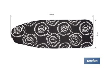Funda acolchada para tabla de planchar | Tamaño universal con 3 capas | Estampado de rosas negras | Material: 100 % algodón | Refleja el vapor | Medidas: 135 x 53 cm - Cofan