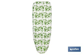 Funda acolchada para tabla de planchar | Tamaño universal | Estampado de triángulos verdes | Material: 100 % algodón | Refleja el vapor | Medidas: 140 x 60 cm - Cofan