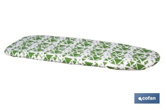 Funda acolchada para tabla de planchar | Tamaño universal | Estampado de triángulos verdes | Material: 100 % algodón | Refleja el vapor | Medidas: 140 x 60 cm - Cofan