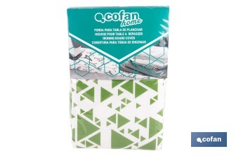 Funda acolchada para tabla de planchar | Tamaño universal | Estampado de triángulos verdes | Material: 100 % algodón | Refleja el vapor | Medidas: 140 x 60 cm - Cofan