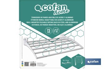 Tendedero de pared abatible | 6 varillas de aluminio | Área de tendido de 4,5 m | Longitud: 75 cm | Color: blanco - Cofan