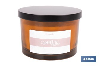Vela aromática Cookie de 3 mechas | Cera de soja | Aroma a canela napolitana | Vaso de vidrio ámbar decorativo | Duración de combustión: 35 horas - Cofan