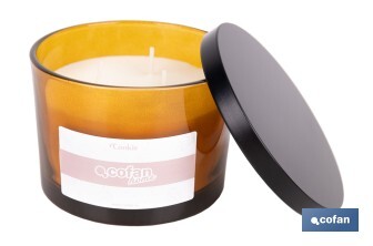 Vela aromática Cookie de 3 mechas | Cera de soja | Aroma a canela napolitana | Vaso de vidrio ámbar decorativo | Duración de combustión: 35 horas - Cofan