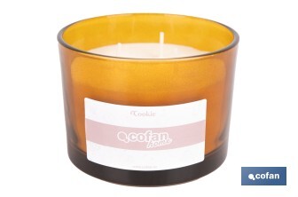 Vela aromática Cookie de 3 mechas | Cera de soja | Aroma a canela napolitana | Vaso de vidrio ámbar decorativo | Duración de combustión: 35 horas - Cofan